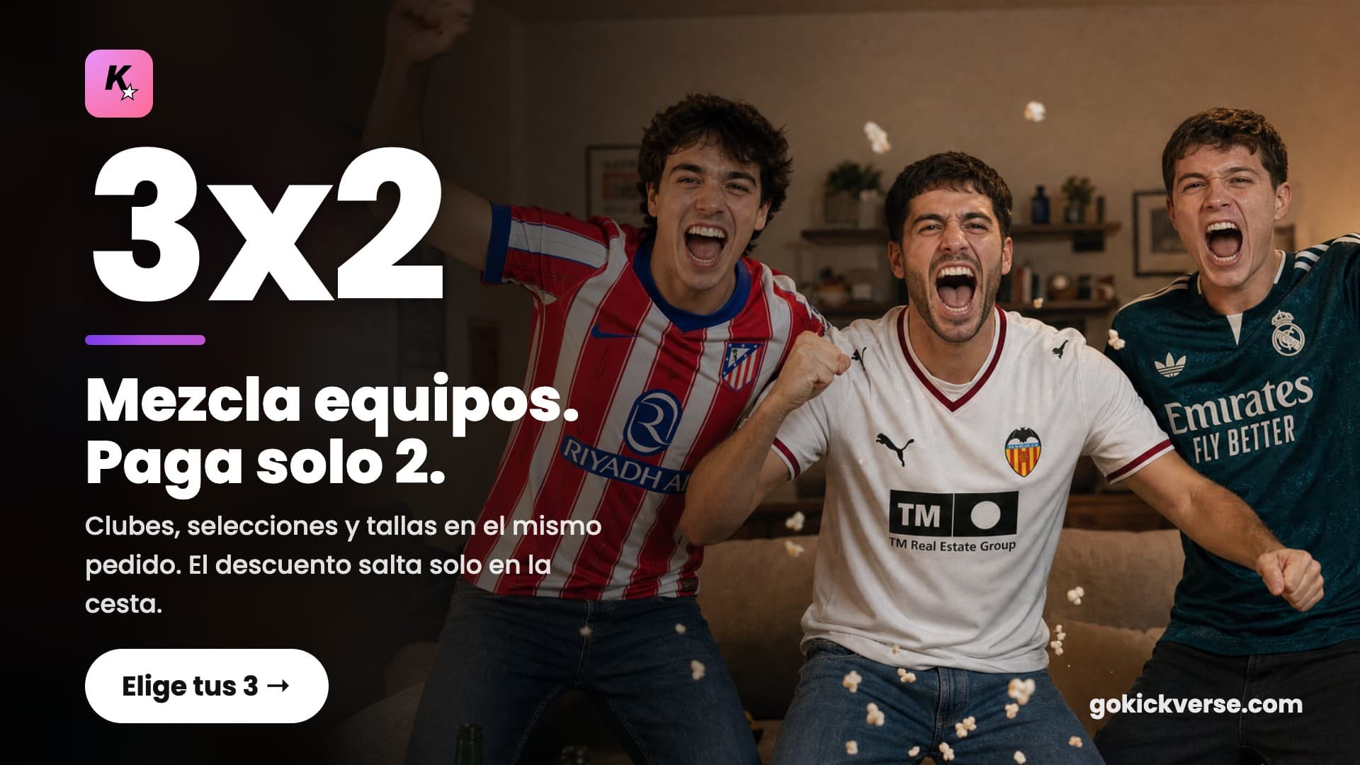 3x2: mezcla equipos y paga solo 2. Clubes, selecciones y tallas en el mismo pedido; el descuento salta solo en la cesta.